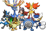 gen 5-style sprite of a customized x/y female protagonist alongside a xerneas, farfetch'd, lucario, delphox, poliwhirl, and a female meowstic